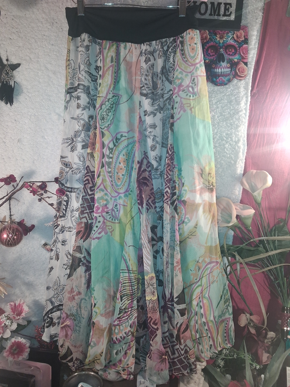 Boho Paisley Floral Maxi Skirt in Mint and Pastels